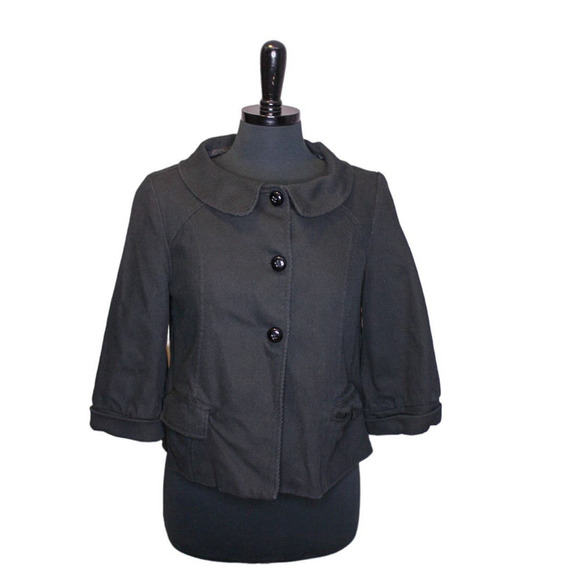 Tulle Black Corduroy Jacket Peter Pan Collar 3/4 Length Sleeves A Line Size L - Picture 1 of 5